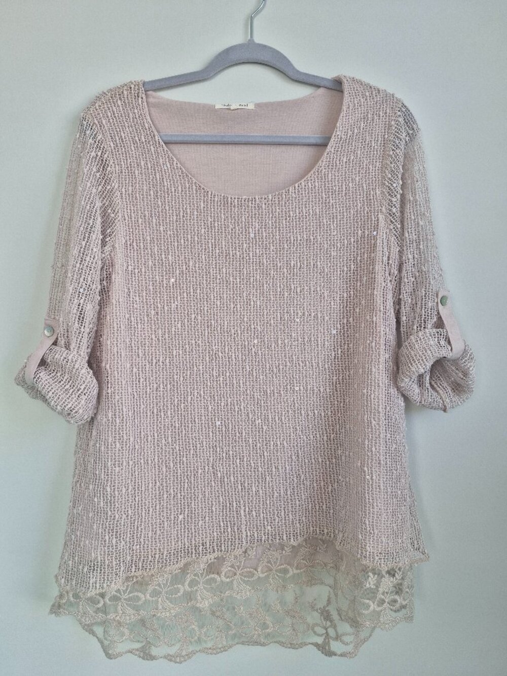 Indigo Soul Lace Hem Knit Top – Beige – Size M